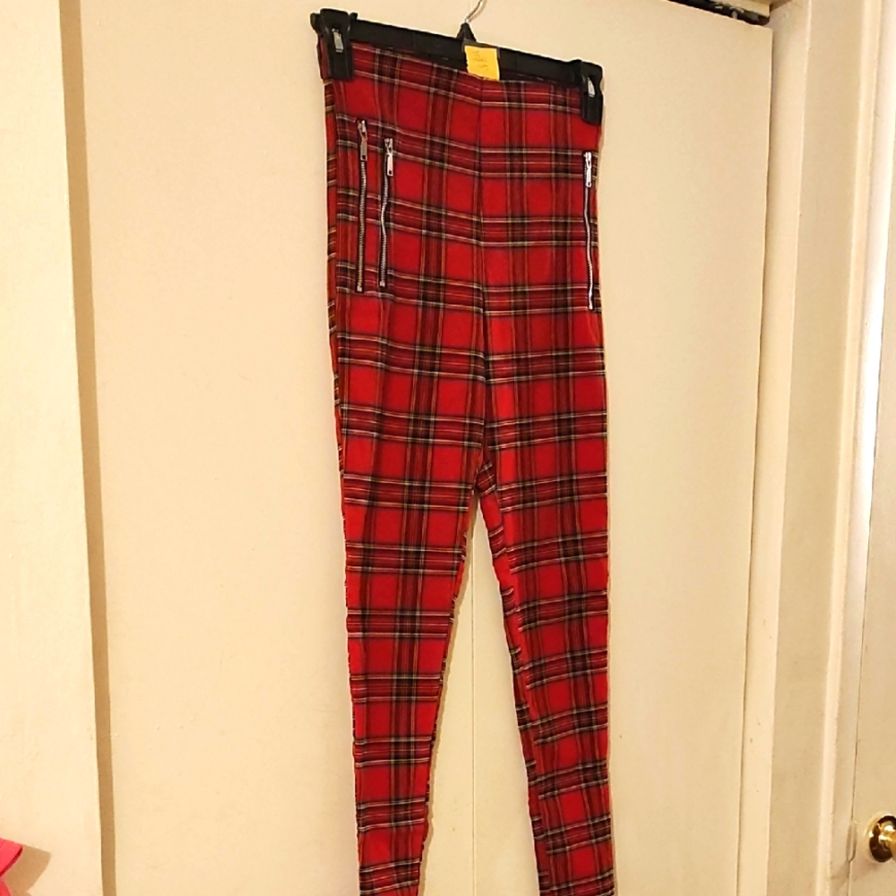 Red Plaid Pants with Zipper Details